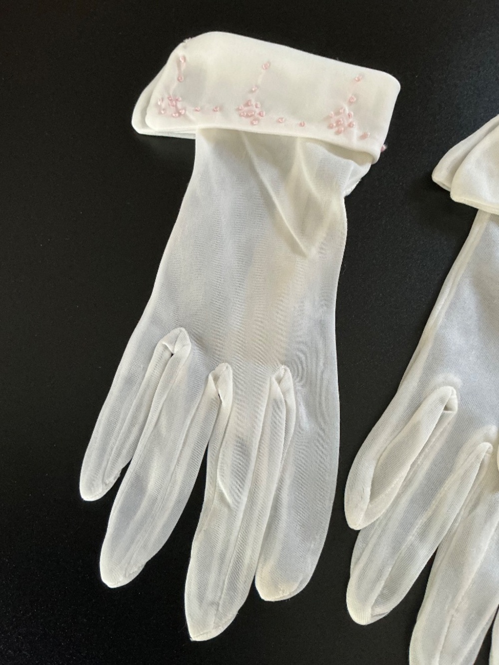 Vintage Ivory Organza Gloves Formal Wedding Bridal Prom Pink Accents - Picture 8 of 14